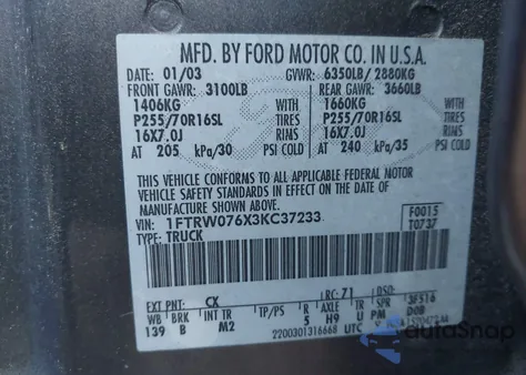 2003 Ford F-150 Lariat/Xlt z USA, uszkodzony, nr VIN 1FTRW076X3KC37233